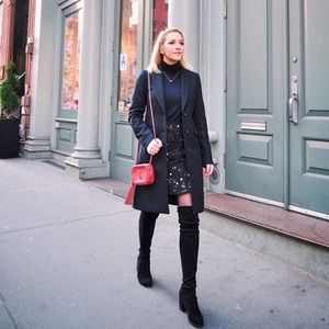 J. Crew Black Trench Coat with Red Bag
